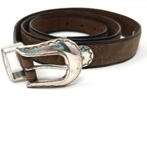 Vintage Full Grain Oiltan Cowhide Brown Suede Concho Belt w/ Silver Buckle 44"